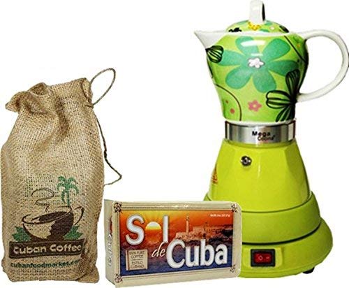 Electric Cordless Espresso Cuban Coffee Maker 4 Cups Color GREEN Includes Coffee in Beautiful Jute Bag