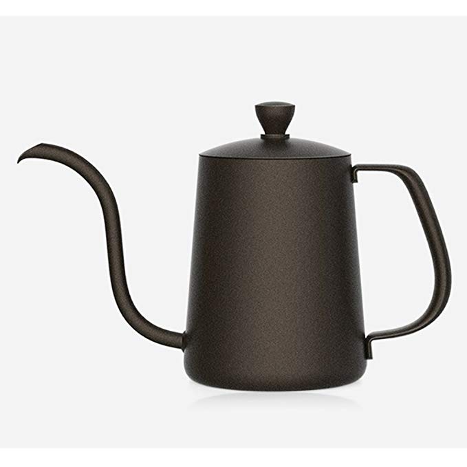 TAMUME 350ML Black Teflon Coating 5mm Gooseneck Spout Drip Pot with Lid for Coffee Service Stainless Steel Drip Tea Kettle for Drip Coffee (350ml)
