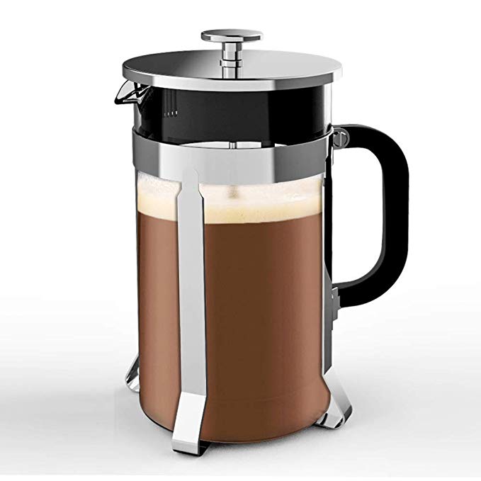 French Press Coffee Maker, Ymiko French Coffee Press Tea Maker (8 Cup, 1 Liter, 34 Oz) with 4 Filter System, 304 Grade Stainless Steel, Heat Resistant Borosilicate Glass