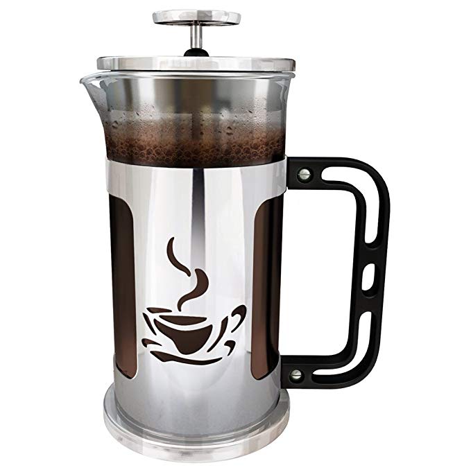 French Press Coffee Maker by Ultimate Kitchen - 1 Liter (4 cups) - Chrome Finished Stainless Steel - Loose Leaf Tea Brewer - Delicious Coffee Recipe on Box