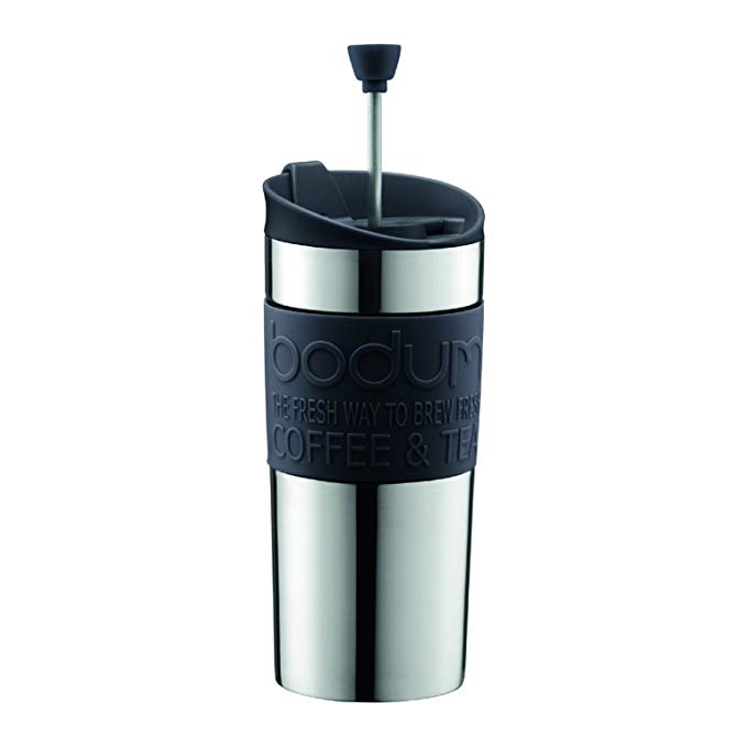 Bodum - Travel Mug - Vacuum Insulated with Interchangeable French Press Lid - Stainless Steel - 0.35l - Black Grip and Lid