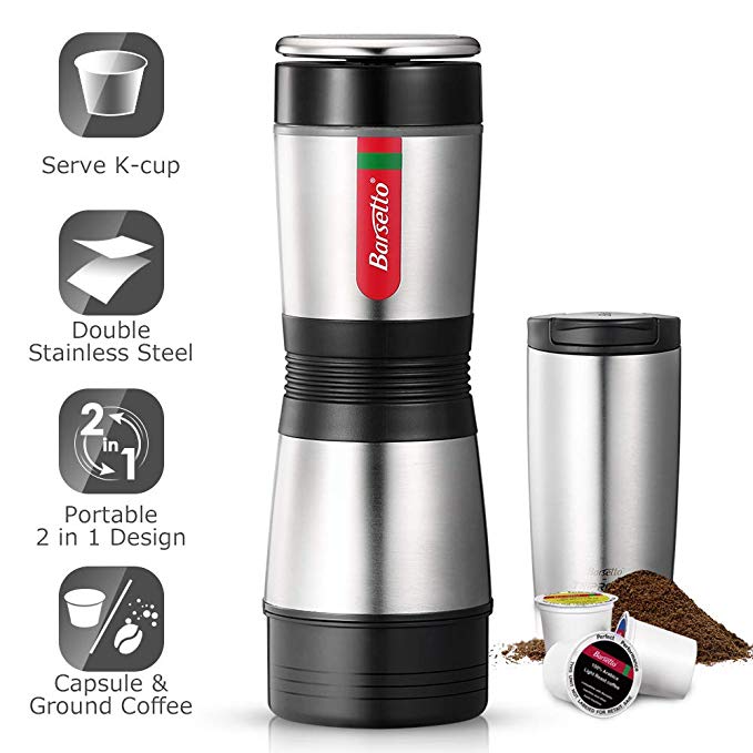 Portable Coffee Maker - Single Serve Coffee Maker Brew Tasting Coffee with Ground Coffee and Capsule, Compact Size for Outdoor Activities - Double Stainless Steel Body with 12 oz Mug, Effortless