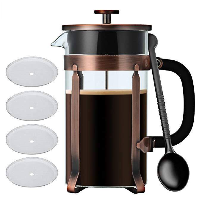 IdealHouse French Press Coffee Maker, Glass 8 Cups French Press Coffee Espresso Tea Maker Kit with Triple Filters, Stainless Steel Plunger and Heat Resistant Glass Pot,34 ounce/1 Liter