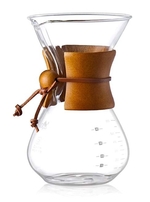 Diguo Glass Coffee Maker, Classic Series Glass Coffeemaker. Real Wood Collar and Leather Tie. Perfect for Pour Over and Hand Drip Coffee Making. 600ml / 20oz / 4-5 Cups