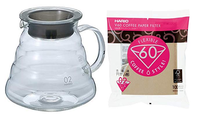 The Hario XGS-60TB Glass Kettle (V60 Series) with Lid and 100 Paper Filters (Japan Import)