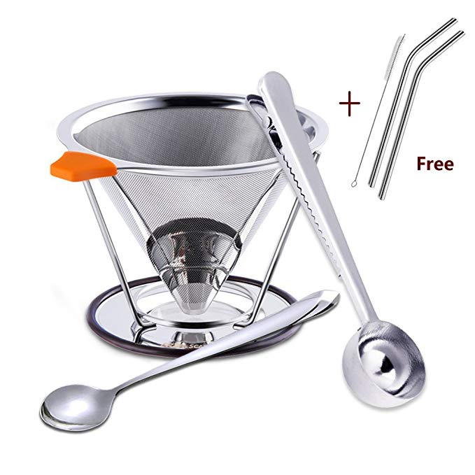 Pour Over Coffee Dripper | Cone Coffee Filter Stainless Steel, with Mixing Spoon and Coffee Scoop by ERZA SCARLET, includes Free Stainless Steel Straws and Brush, 1-4 Cups