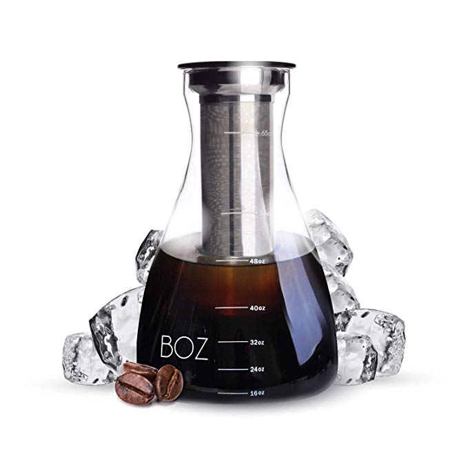 BOZ Cold Brew Iced Coffee Maker, 2 Quart Glass Pitcher | Ultra Fine Coffee Filter, Serving Carafe | 2L, 67 fl oz