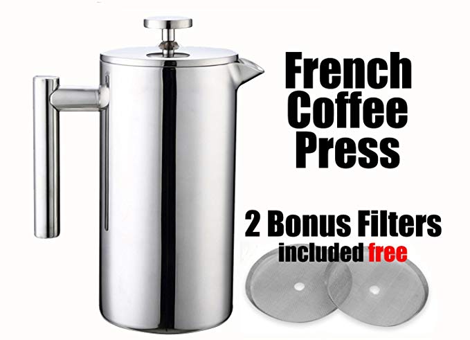 MSRM 34oz / 52oz(1 Liter / 1.5 Liter) European Double Wall Stainless Steel Coffee Press Pot French Press (1L)