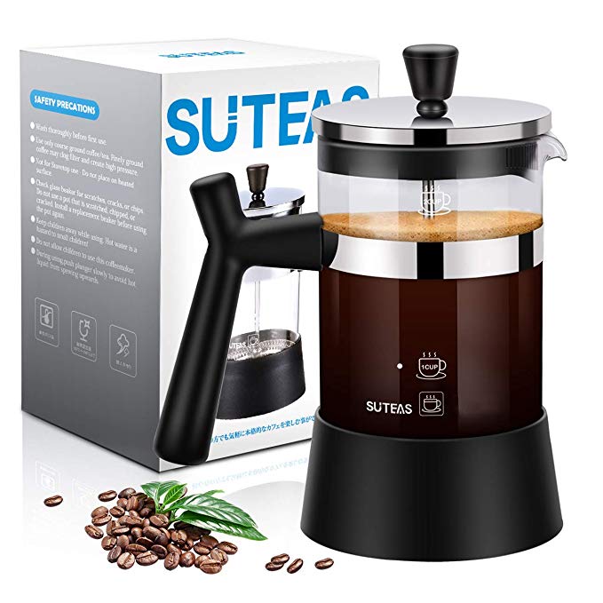 Suteas French Small 20oz 600ml, Coffee Press Glass Single Serve with Bobus Stainless Steel Filter Screen, Clear