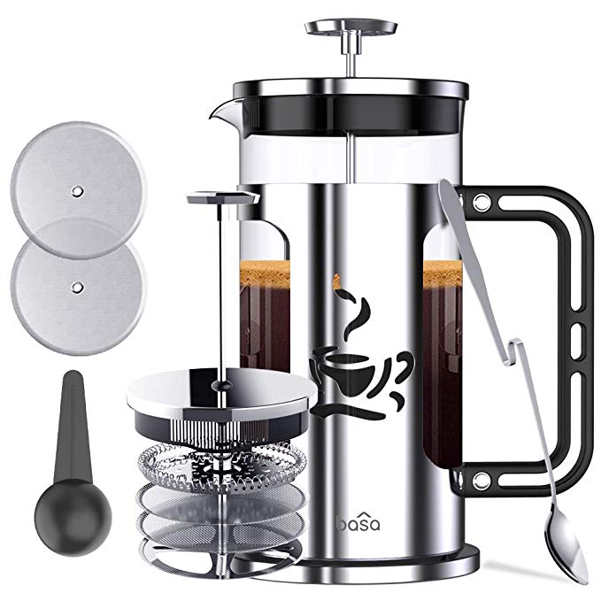 BASA French Press Coffee Maker, 34oz Coffee and Tea Makers with 4 Level Filtration System,4 Extra Filters,2 Spoons, BPA Free/FDA Approved,304-Grade Stainless Steel, Heat Resistant Borosilicate Glass