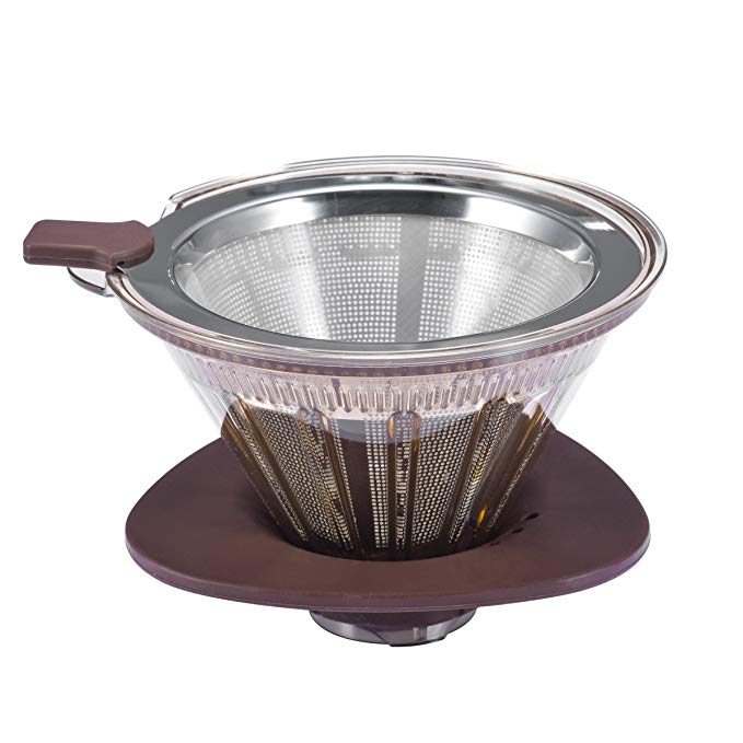 Clever Coffee Dripper, Double Stainless Steel Mesh Reusable Coffee Filter with Shut-Off Valve and Removable Cup Stand