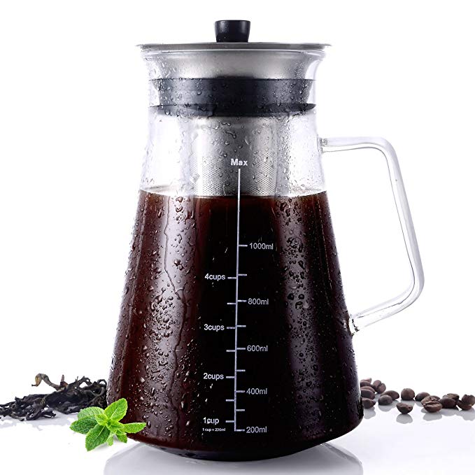 Airtight Cold Brew Iced Coffee Maker (40oz) Thick Borosilicate Glass Carafe with BPA-Free Ultra Fine Double Mesh Removable Filter Dishwasher Safe Rustproof ,5 Cups Capacity