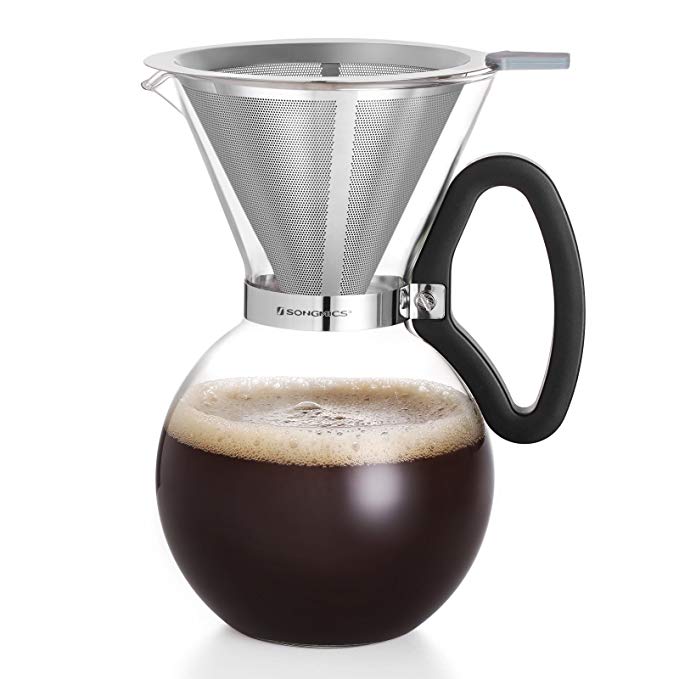 SONGMICS 34 Oz Pour Over Coffee Maker Dripper 8 Cups, Borosilicate Glass Coffee Pot, Reusable Double Mesh Stainless Steel Filter UGCP30TB