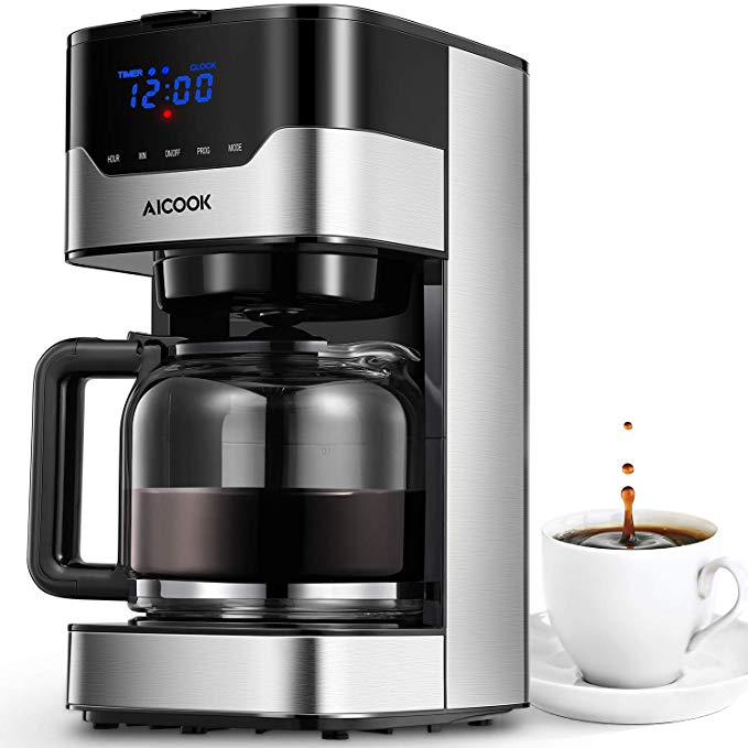 Aicook Coffee Maker, Thermal 12-Cup Programmable Coffee Machine, Touch Screen Panel, Drip Coffee Maker with Glass Coffee Pot, Black