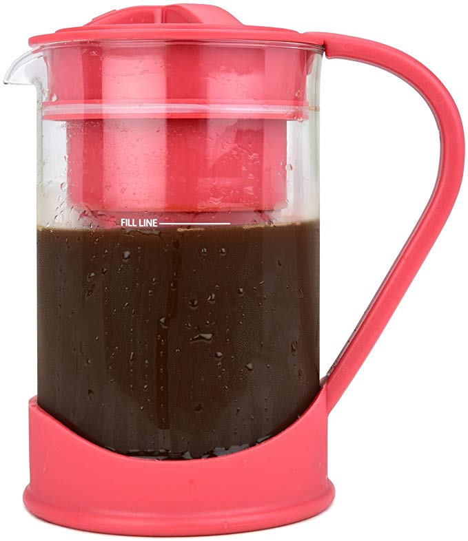 COLD BREW COFFEE MAKER By Spigo 1 Liter (4-Cups) Capacity, Great For Flavorful Iced Coffee That Stays Fresh Longer, Borosilicate Glass, Easy Cleaning, Fun Ideas and Recipe Booklet, 8x5 Inches, Red