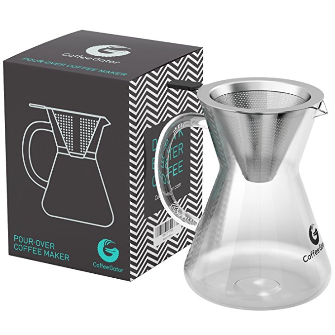 Coffee Gator Pour Over Brewer – Unlock Flavor with Paperless Filter and Carafe – 14floz