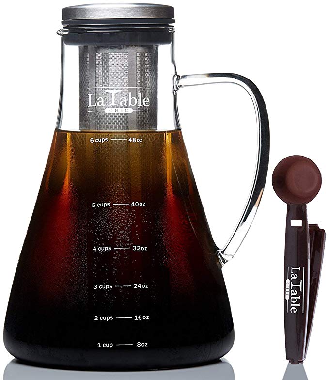 Cold Brew Coffee/Tea Maker - Large 1.5 L - Bonus Spoon Included - Glass Loose Leaf Iced Tea Infuser & Ultra Fine Double Mesh Filter, Dishwasher Safe & Rustproof, Coffee Fresh For 2 Weeks