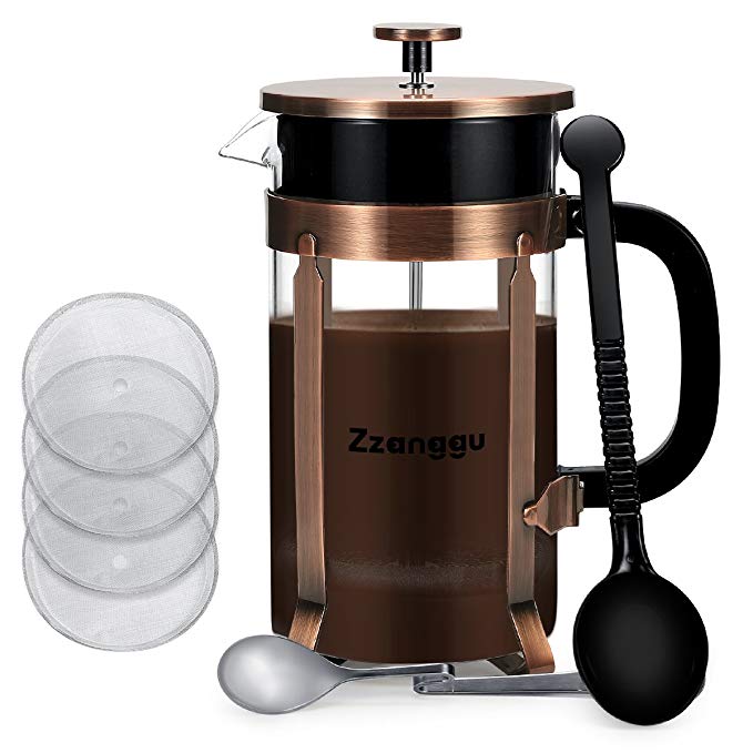 Zzanggu French Press Coffee Maker Tea Pot, Heat Retention Double Wall Glass Beaker and Stainless Steel Filter (8 Cup, 34OZ, 1L) for Coffee Tea Press Maker, Bronze