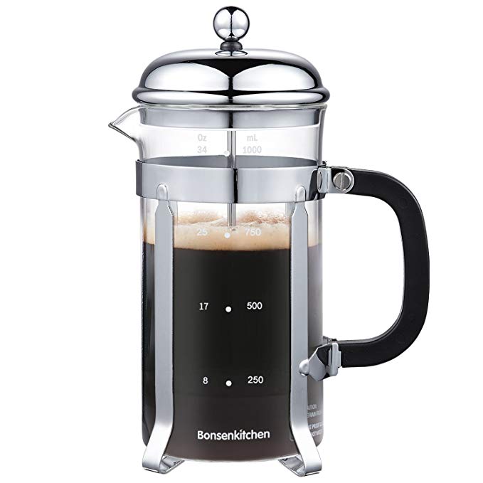 Bonsenkitchen French Press Coffee & Tea Maker, 8 Cup/32 oz, 304 Stainless-Steel Lid, Presser and Frame, Heat Resistant Borosilicate Glass Pot, (CP8871)