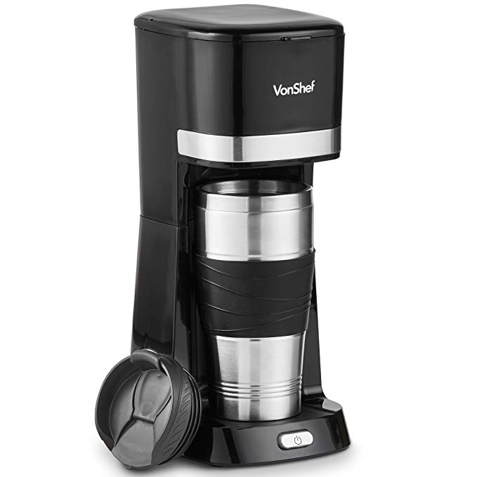 VonShef Single Serve Coffee Maker, 650W, One Cup Personal Filter Coffee Machine with 14 Ounce Travel Mug and Lid