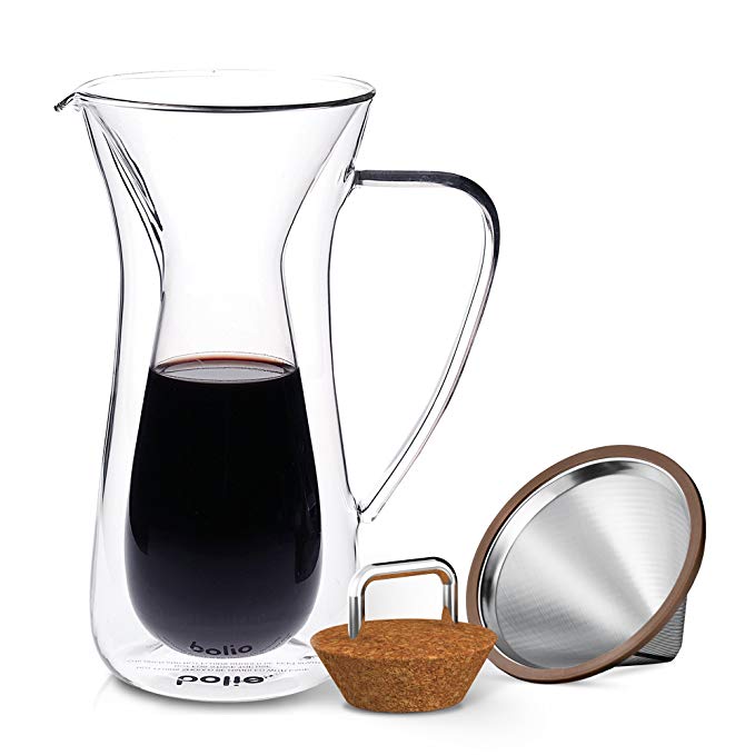 Double Wall Pour Over Coffee Maker With Stainless Steel Double Wall Cone Filter, Insulated Coffee Glass Carafe with Cork Lid By Bolio