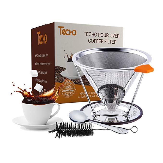 TECHO Resuable Pour Over Coffee Filters Stainless Steel Cone Drip Coffee Maker With Stand Spoon Brush