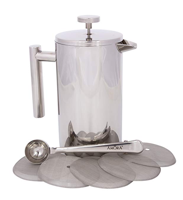 Amora 8-cup Stainless Steel French Press Coffee Maker - FREE Coffee Spoon & 5 Mesh Filters