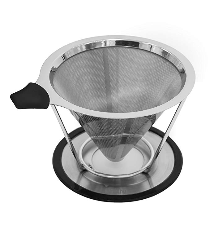 Cucina Tools ilFiltro Paperless Pour Over Coffee Dripper - Premium Permanent Reusable and Washable Stainless Steel Coffee Filter Cone and Brewer with Pour Over Cup Stand (2cup)