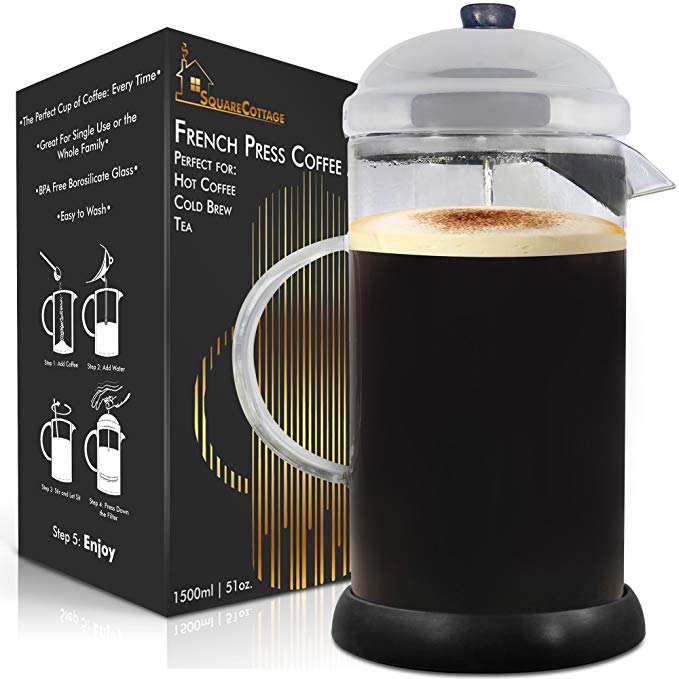 Large Cold-Brew French Press Coffee-Maker - Strongest Coffee Ever - Best for Cold Brew, Hot, Or Iced Coffee - Glass BPA Free Pot - FREE Coffee Makers Ebook - 1.5L/51oz