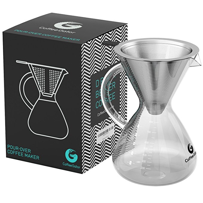 Coffee Gator Pour Over Brewer – Unlock Flavor with Paperless Filter and Carafe – 27floz