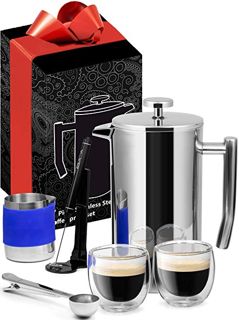 Large French Press Premuim Stainless Steel Edition 34oz +7 Bonus Accessories Included, Electric Milk Frother & Mixing Pitcher, Coffee Scoop & Coffee Bag Clip, 2x Espresso Glasses, 3x Mesh Screens