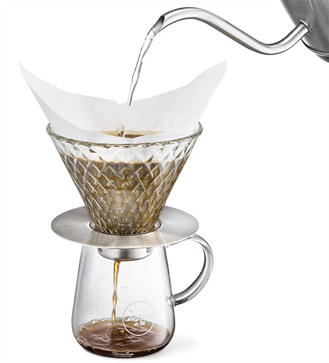 Osaka, Glass Coffee Dripper - Diamond Weave Dripper with Removeable Stainless Steel Base For Pour Over Coffee 
