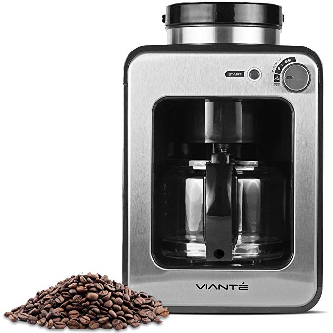 Viante CAF-50 Grind and Brew Coffee Maker with built in Coffee Grinder. Bean to Cup Machine Uses Whole Coffee Beans or Ground Coffee. 4 Cups Glass Carafe, Coffee Strength Selector. Compact Size