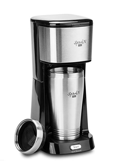 Sparkn Pro single serve coffee maker with travel mug on the go,single cup Coffee Brewer one cup personal drip coffee maker with Reusable Filter-Black/Stainless