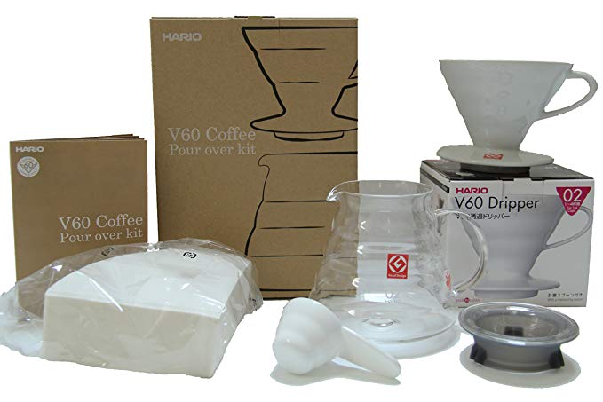Hario V60 Coffee Pour Over Kit Bundle - Comes with Ceramic Dripper, Measuring Spoon, Glass Pot, and Package of 100 Filters