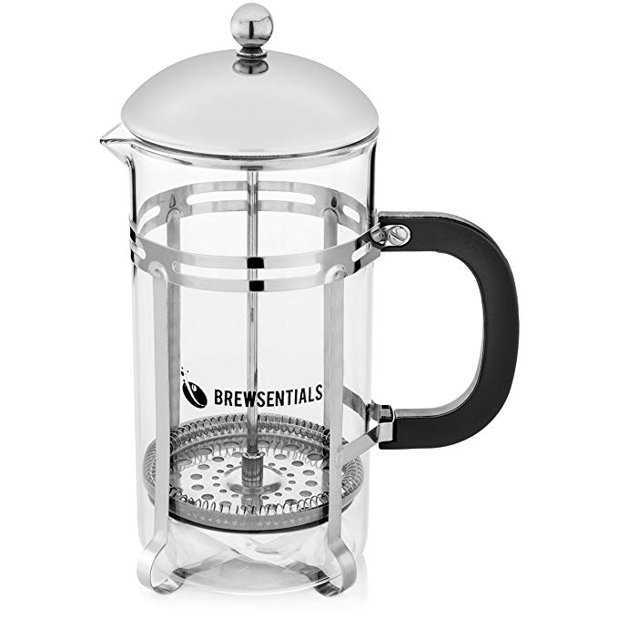 Premium French Coffee Press By Brewsentials.com - 1L Carafe Brewer - Custom Filter Design - Heat Resistant Glass - Brewing Essentials For Java Lovers