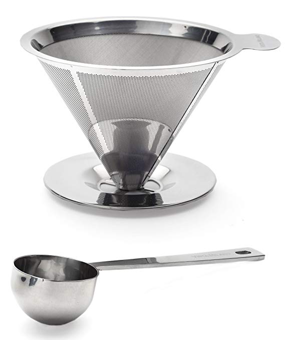 Pour Over Coffee Dripper Paperless Stainless Steel Reusable Coffee Filter Single Cup Coffee Maker and Measuring Scoop by Vista Milano
