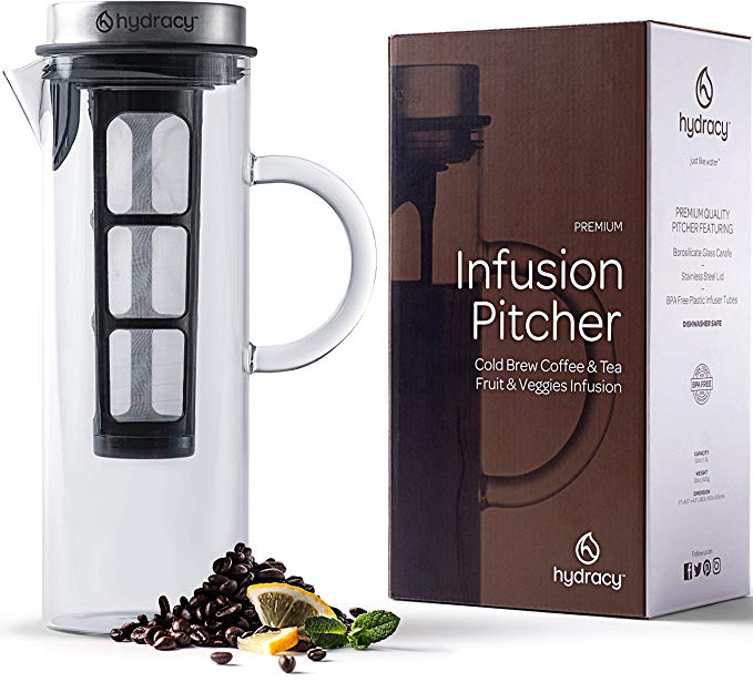 Cold Brew Coffee Maker - Large Glass Infusion Pitcher 1.6 Quarts 52oz - Iced Coffee & Iced Tea Pitcher with Stainless Steel Lid + Fine Mesh Filter - EXTRA Fruit Infusion Tube-Perfect Gift for Home