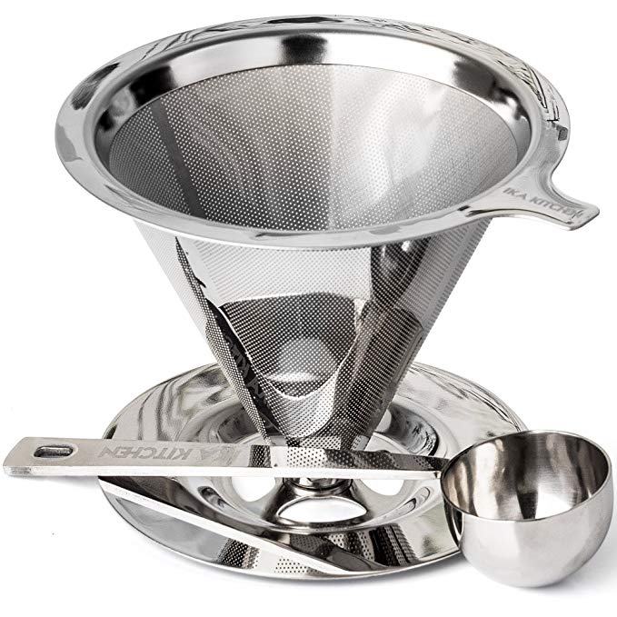 IKA KITCHEN Reusable Hand Drip Stainless Steel Cone Pour-Over Coffee Dripper with Built-In Stand and Measuring Scoop