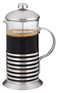 Ovente French Press Cafetière Coffee and Tea Maker, High-Grade Stainless Steel, Nickel Brushed, Heat-Resistant Borosilicate Glass, 12 oz (350 ml), 3-cup, Stylish Striped Design