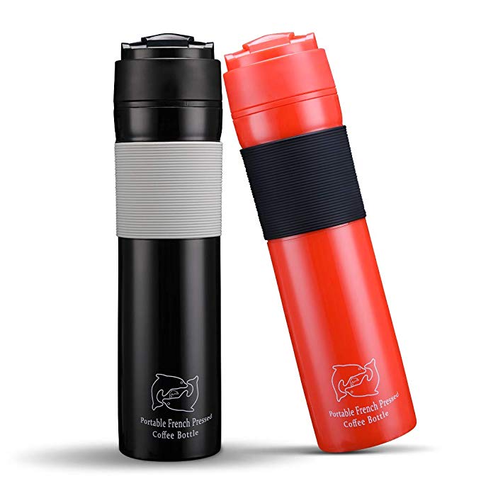 BRBHOM Set of 2 Portable Travel French Press Coffee Mug and Tea Black Red for Couple(Black/Red)