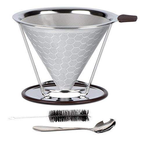 Pour Over Coffee Filter,Reusable Drip Cone,Stainless Steel Coffee Dripper Cone, Paperless&Portable Permanent Pour Over Coffee Maker with Separate Stand.Double layer Dine Mesh Micro Filter