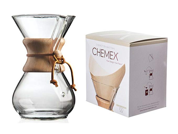 Chemex Bundle - 2 Items: Classic Glass Coffeemaker and FSU-100 Natural Square Filters (6-cup)