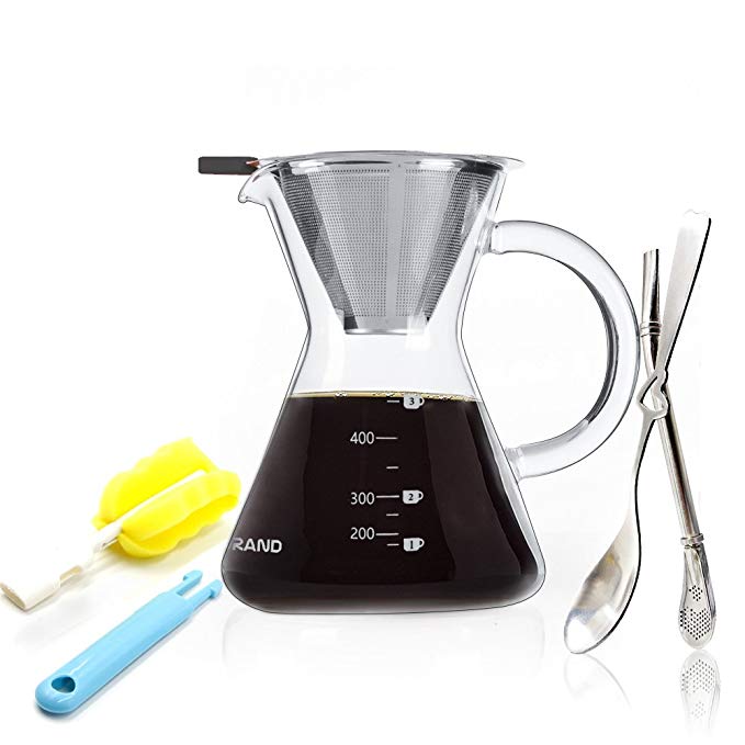 Pour Over Coffee Maker Reusable Stainless Steel Mesh Glass Filter Coffee Dripper with Coffee Scoop set (400ml/3 Cup)