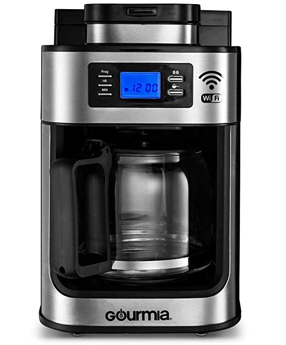 Gourmia GCMW4750 WIFI Coffee Maker with Built-in Grinder - App Control - Beans or Pre-Ground - Programmable Timer & LED Display - 10 Cup - Automatic Drip - Glass Carafe - Auto Shut-Off - Stainless Steel - Alexa and Google Assistant Compatible (Wifi Compatible)