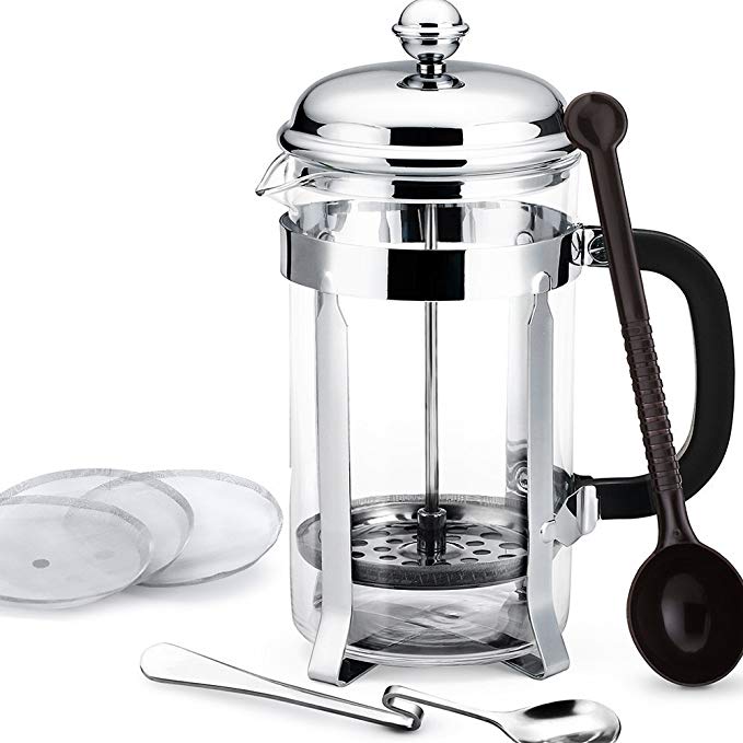 Homitt 34oz French Press Coffee Maker & Tea Maker (8-Cups) with 3 Extra Replacement Screen Mesh,1 Stainless Steel Mixing Spoon, 1 Measuring Spoon.