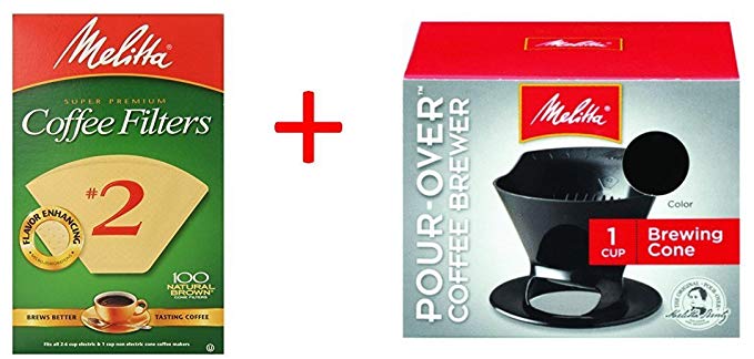 Bundle - Melitta Ready Set Joe Single Cup Pour Over Coffee Brewer Maker, Black + #2 Natural Brown Cone Coffee Filters 100-Count