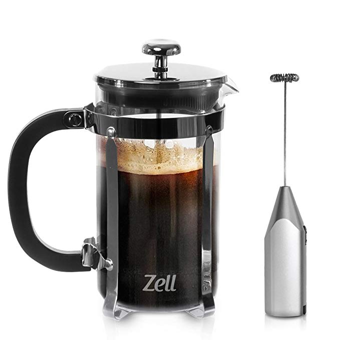 French Press Coffee Maker and Electric Milk Frother Set | Clear Strong Borosilicate Glass Tea & Coffee Brewer with Bonus Milk Frother | 34 Oz (1 Liter) | by Zell