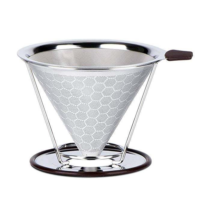 Pour Over Coffee Filter, Adaone Stainless Steel Permanent Coffee Dripper, Paperless Reusable Coffee Filter Cone with Removable Cup Stand Double Layer Mesh Filter, Honeycomb Design