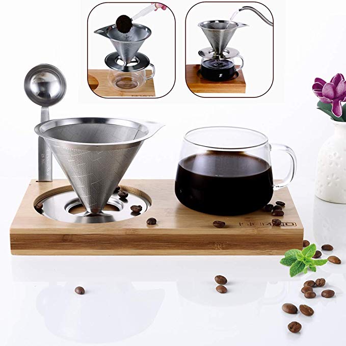 Pour Over Coffee Maker -Single Serve Coffee Brewer - Stainless Steel Filter Reusable Paperless Dipper Hand Drip Set with Bonus Standard Glass Cup, Coffee Spoon and Non-slip Bamboo Stand, Whole Set